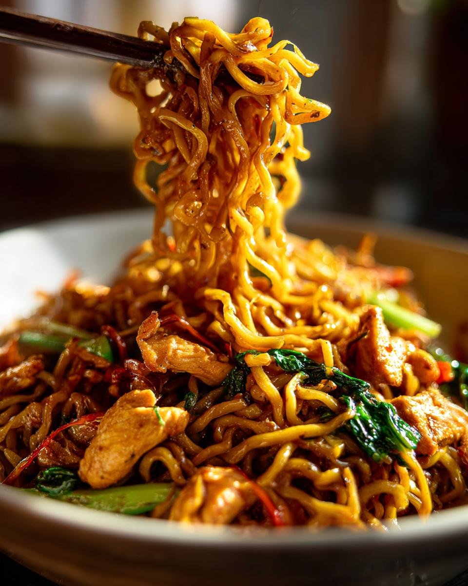 Close-up of chopsticks lifting a portion of flavorful chicken stir fry noodles with chicken pieces and greens.