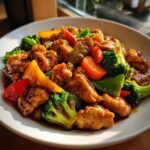 A close-up of Flavorful Chicken Stir Fry With Vegetables, featuring tender chicken pieces and vibrant broccoli, carrots, and bell peppers in a glossy sauce.