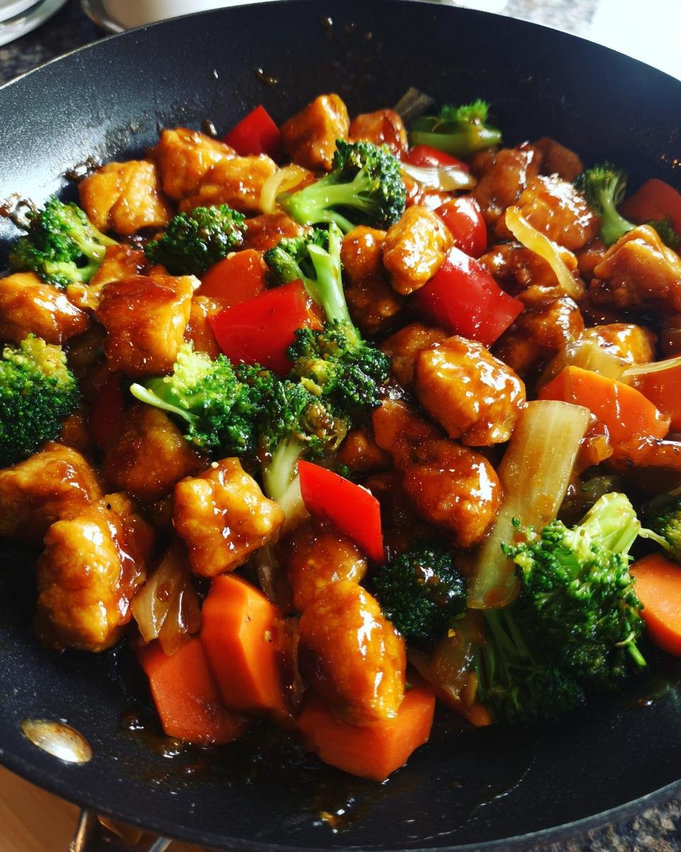 Close-up of a flavorful chicken stir fry with vegetables like broccoli, carrots, and red peppers in a glossy sauce.