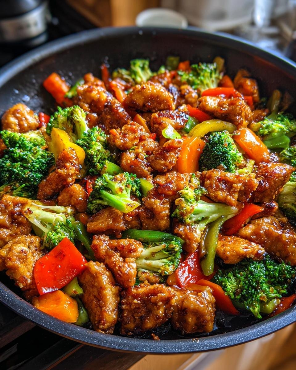 Close-up of a pan filled with Flavorful Chicken Stir Fry With Vegetables, including broccoli, bell peppers, and chicken pieces coated in sauce.