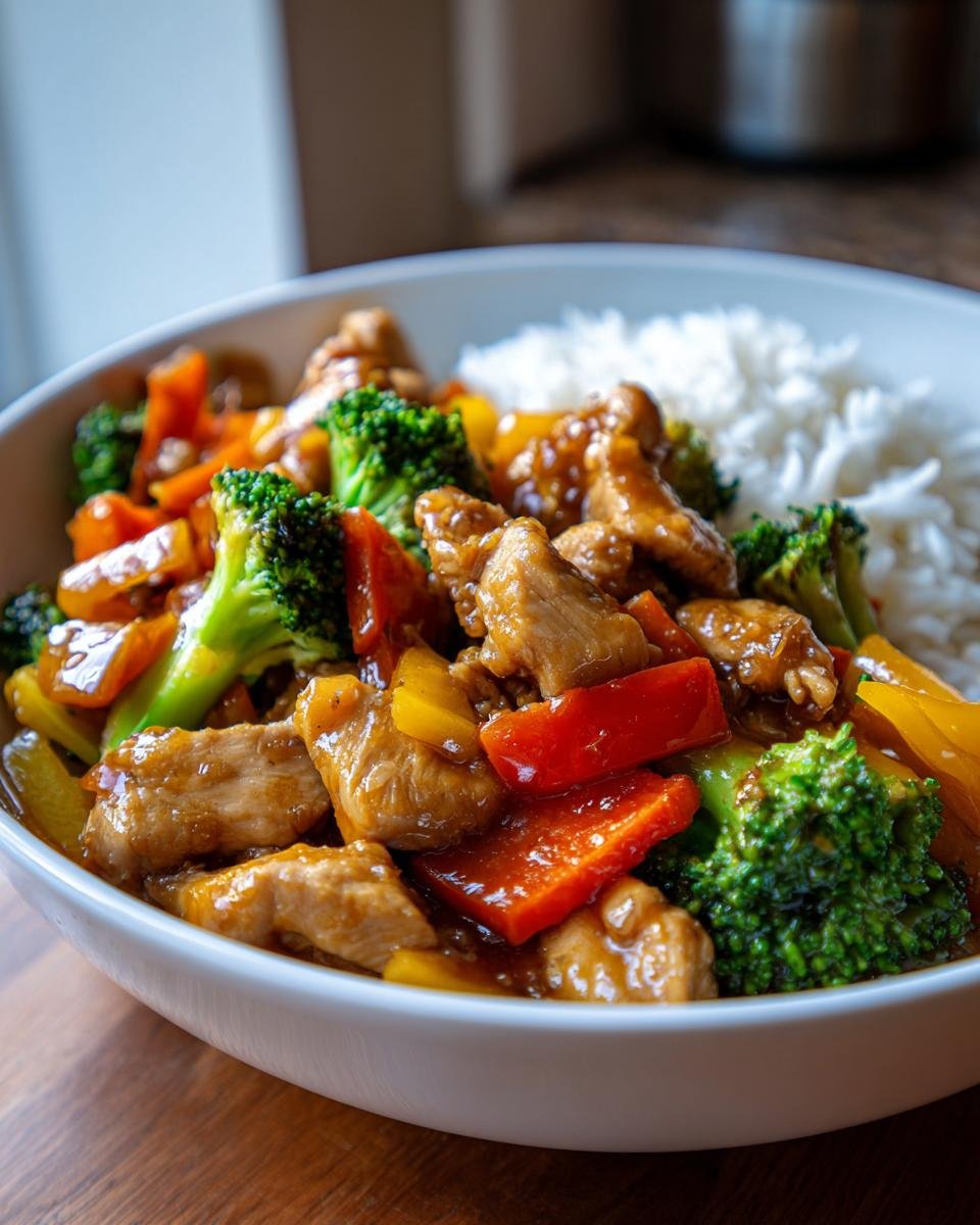 A bowl of flavorful chicken stir fry with vegetables including broccoli, bell peppers, and carrots, served with white rice.