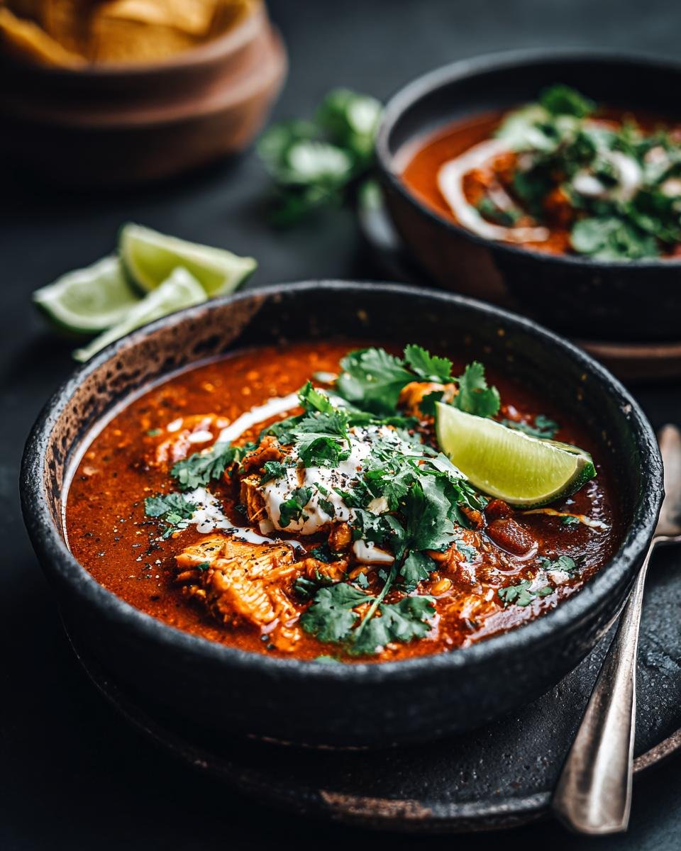 A close-up of a bowl of Flavorful Chicken Taco Soup, topped with sour cream, cilantro, and a lime wedge.