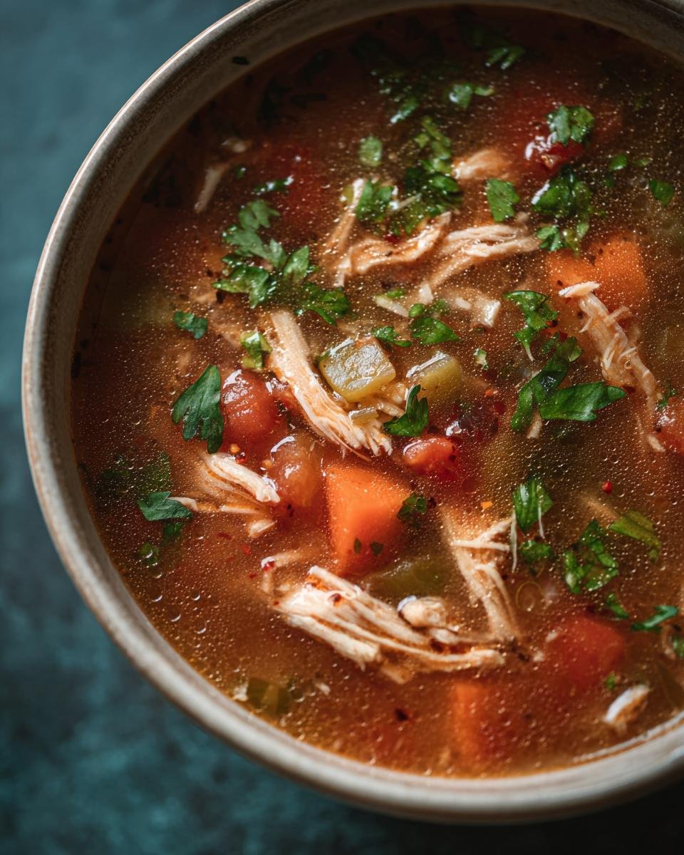 A close-up of a bowl of Flavorful Chicken Taco Soup, featuring shredded chicken, diced tomatoes, carrots, and fresh parsley.
