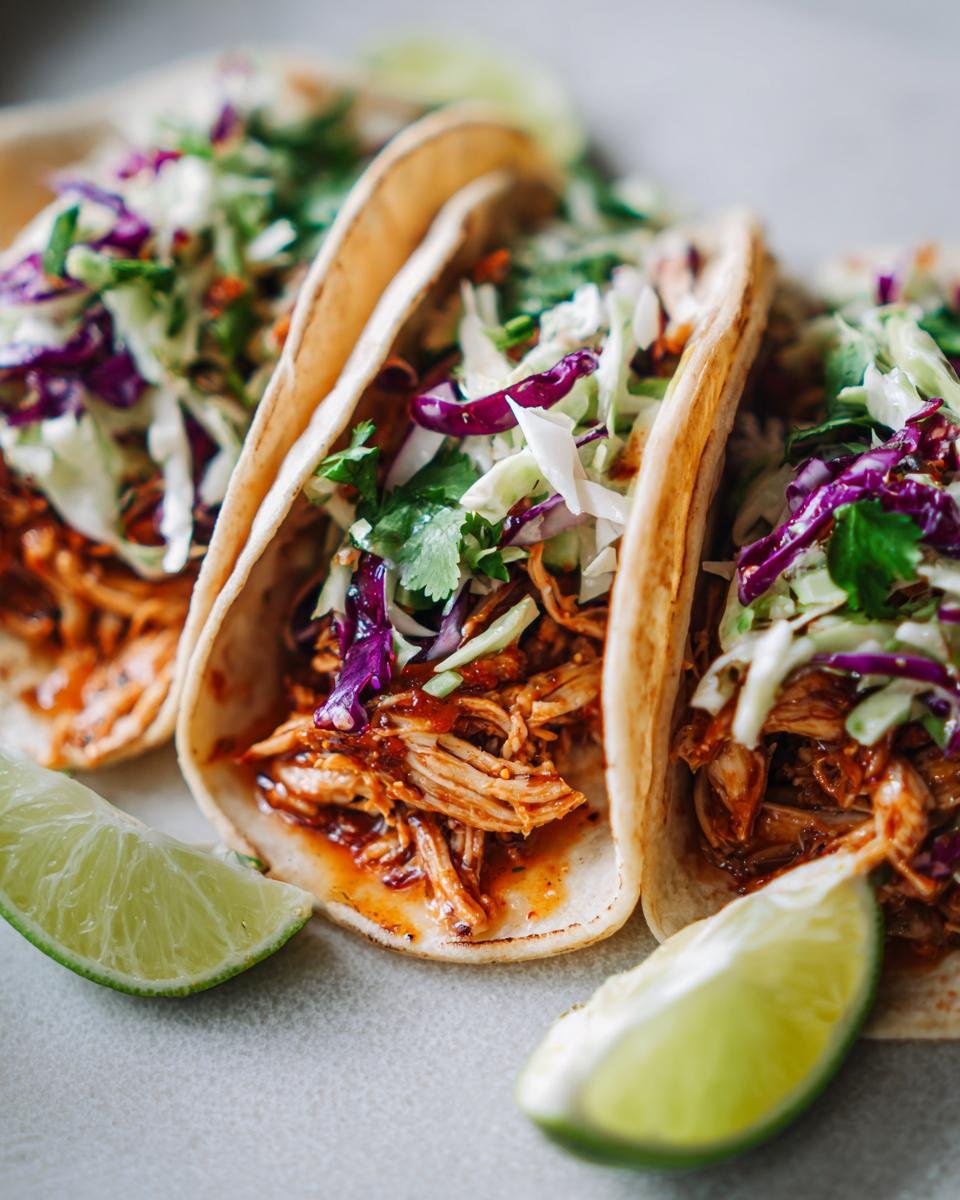 Three Flavorful Chicken Tacos With Lime Cilantro Slaw piled high with shredded chicken and colorful slaw, garnished with lime wedges.