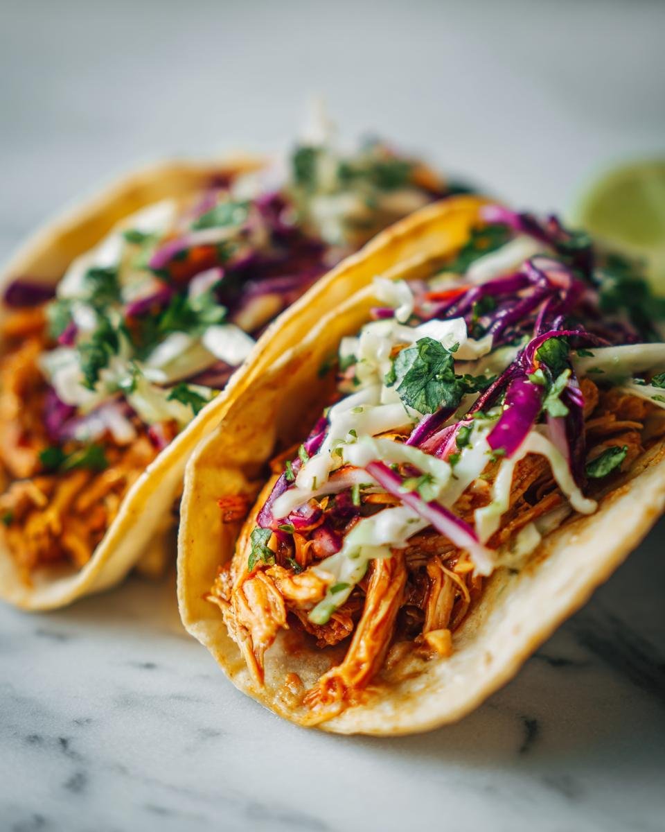 Two delicious Flavorful Chicken Tacos With Lime Cilantro Slaw, filled with shredded chicken and topped with vibrant slaw.