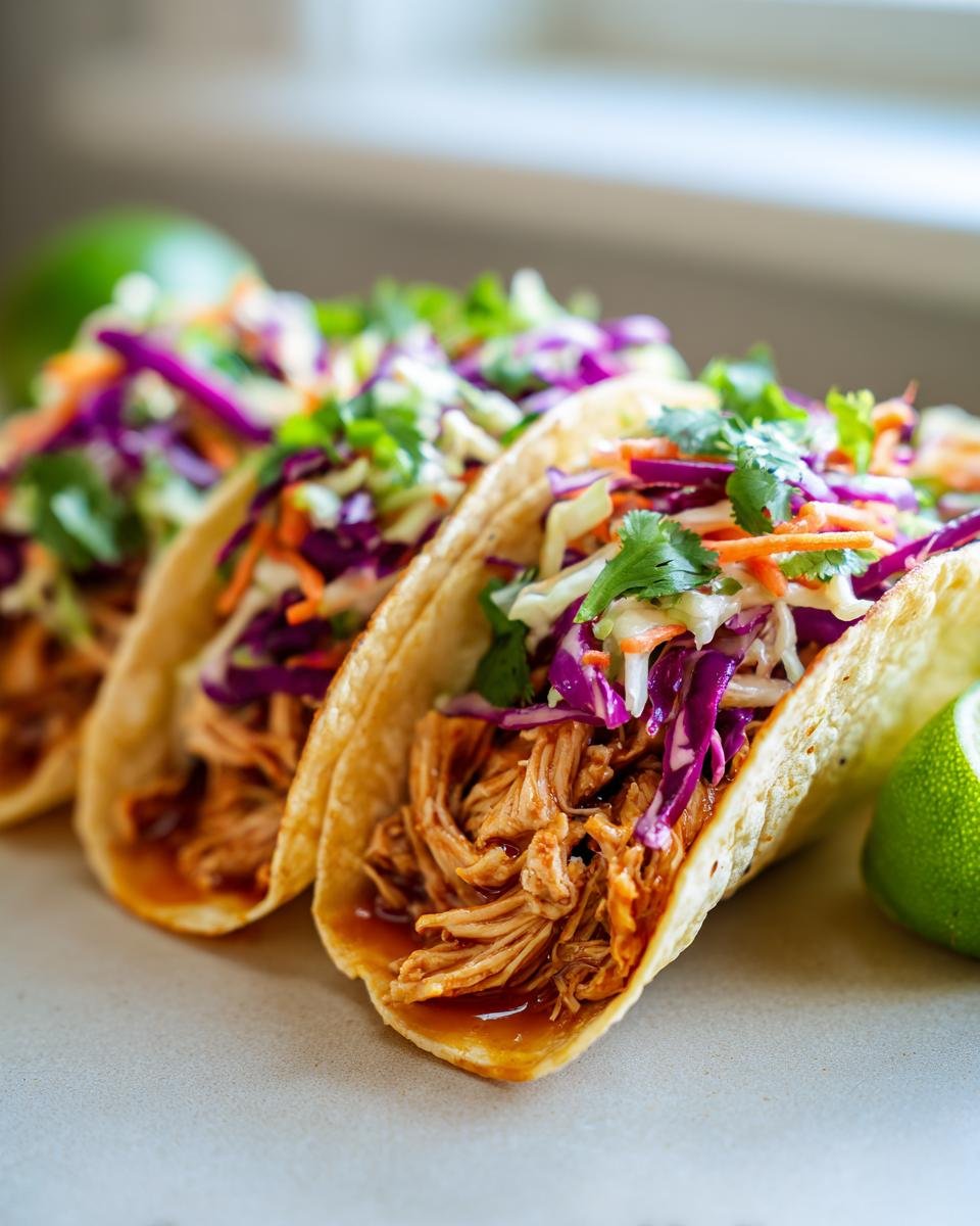 Three Flavorful Chicken Tacos With Lime Cilantro Slaw, filled with shredded chicken and topped with colorful slaw and fresh cilantro.