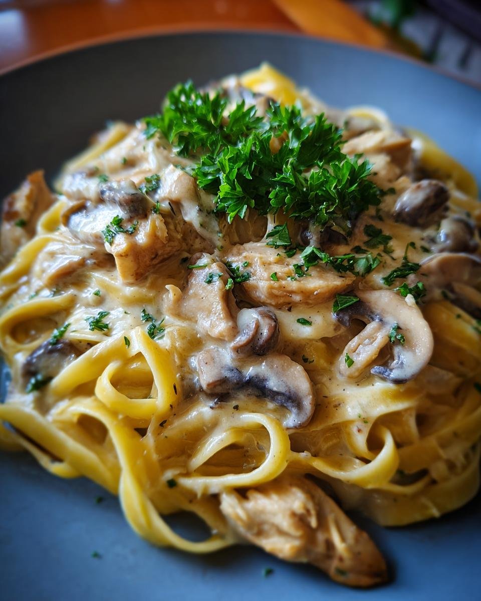 Close-up of Flavorful Creamy Mushroom Chicken Pasta with fettuccine, mushrooms, chicken, and parsley.