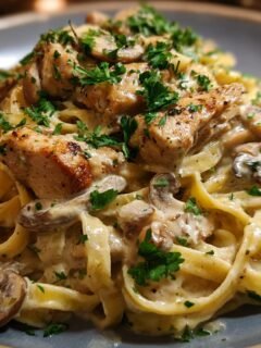 A close-up of Flavorful Creamy Mushroom Chicken Pasta, featuring fettuccine, tender chicken pieces, mushrooms, and a rich cream sauce, garnished with parsley.