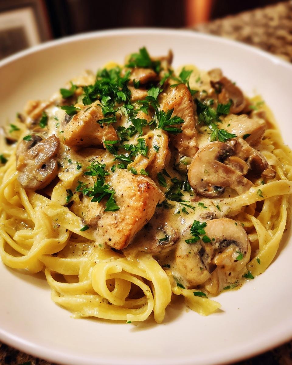 A close-up of flavorful creamy mushroom chicken pasta, featuring fettuccine, tender chicken pieces, sliced mushrooms, and a rich sauce, garnished with parsley.