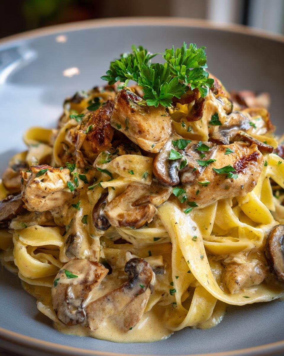 A close-up of Flavorful Creamy Mushroom Chicken Pasta, featuring fettuccine, tender chicken pieces, and sliced mushrooms in a rich cream sauce, garnished with parsley.