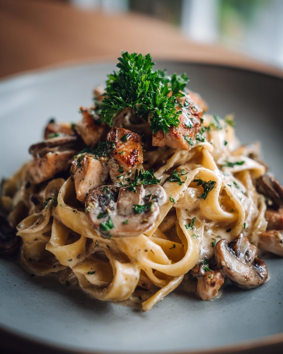 A close-up of Flavorful Creamy Mushroom Chicken Pasta, featuring fettuccine noodles, chicken pieces, mushrooms, and a creamy sauce, garnished with parsley.