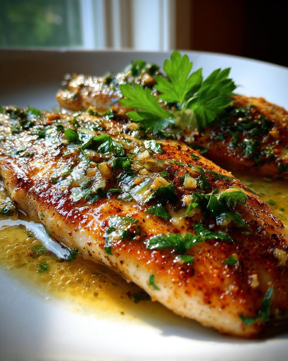 Close-up of two Flavorful Lemon Garlic Tilapia fillets, glistening with sauce and topped with fresh parsley.