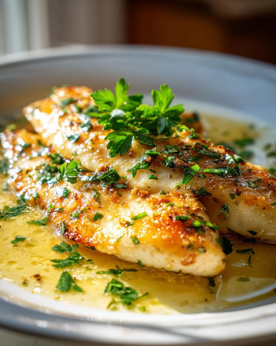 Close-up of two flavorful lemon garlic tilapia fillets in a buttery sauce, garnished with fresh parsley.