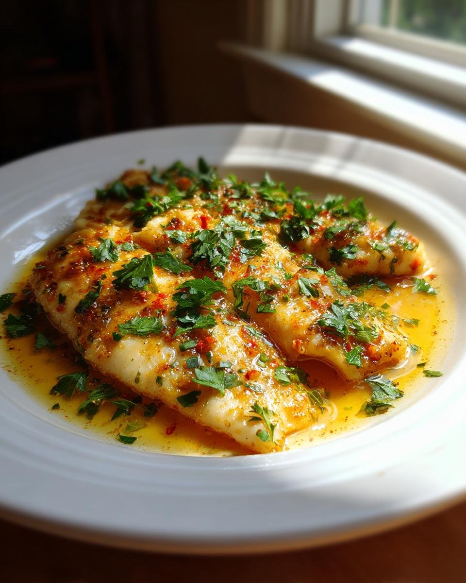 A close-up of a white plate filled with three pieces of Flavorful Lemon Garlic Tilapia, garnished with chopped parsley and red pepper flakes.