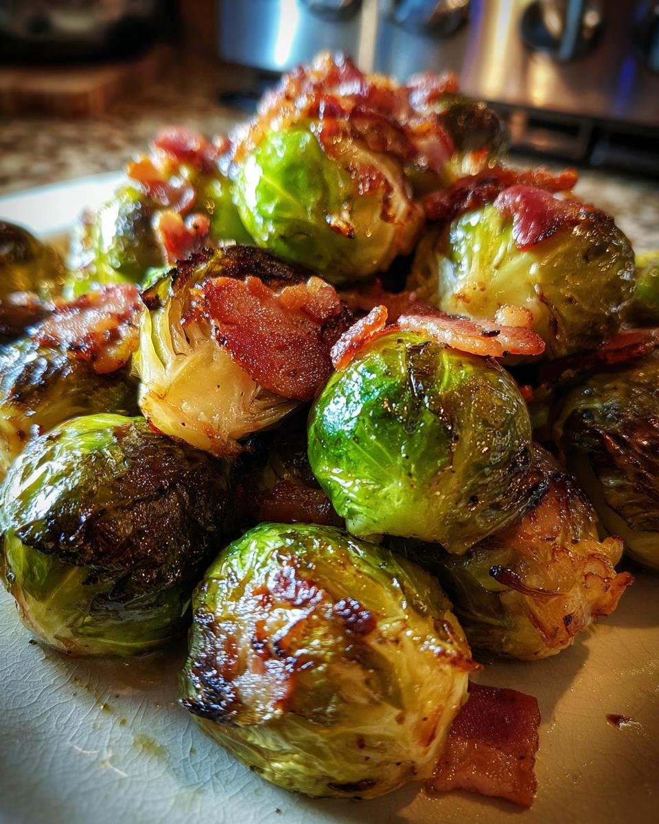 Close-up of flavorful roasted Brussels sprouts with crispy bacon pieces scattered on top.