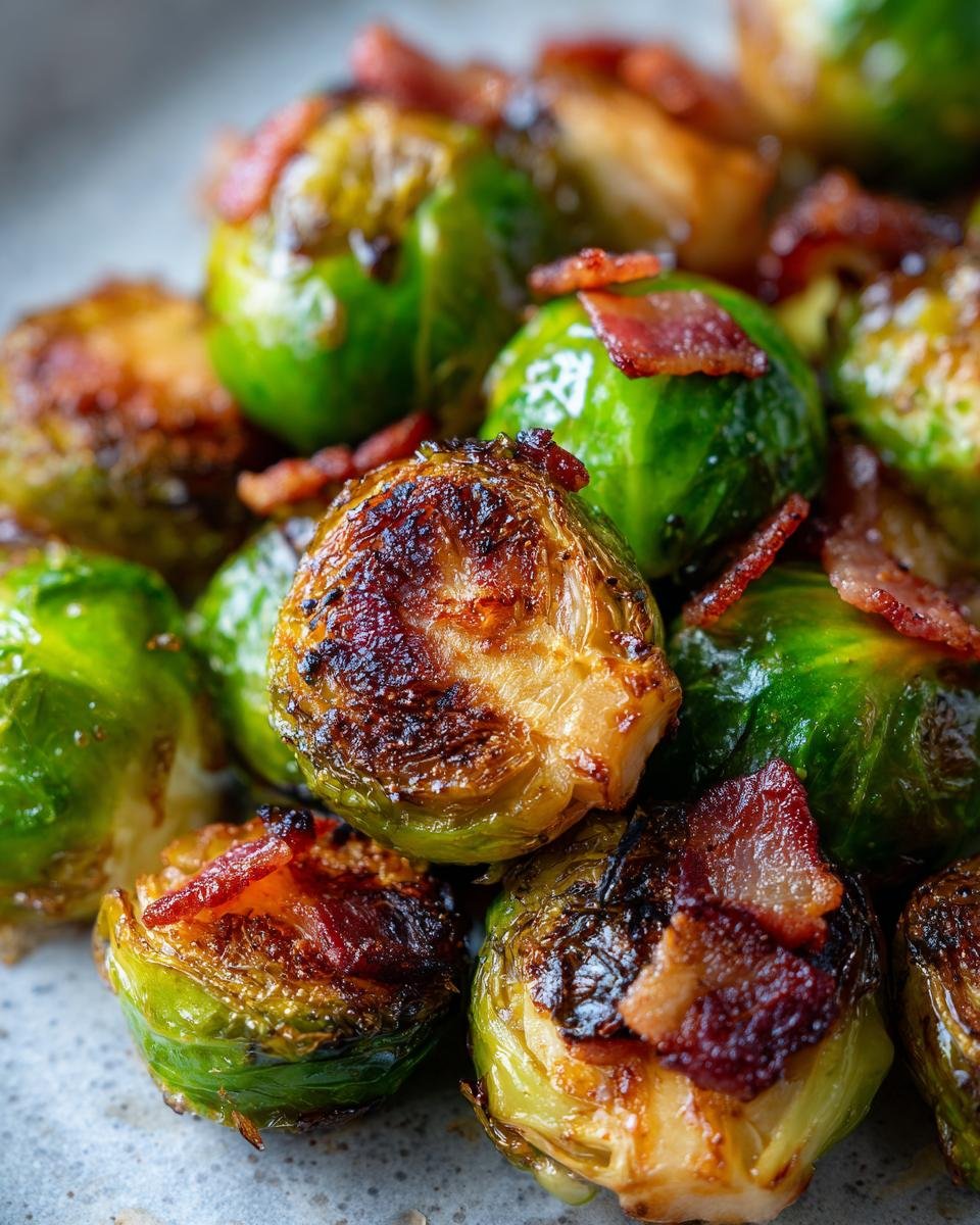 Close-up of flavorful roasted Brussels sprouts with crispy bacon pieces scattered on top.