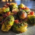 Close-up of flavorful roasted Brussels sprouts with crispy bacon bits, glistening in the light.
