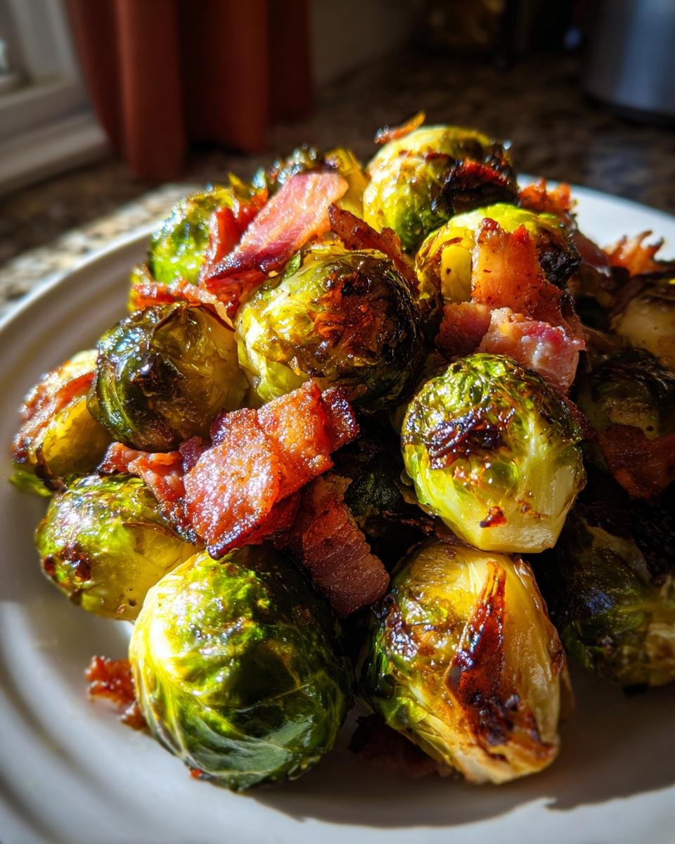 Close-up of flavorful roasted Brussels sprouts with crispy bacon pieces on a white plate.