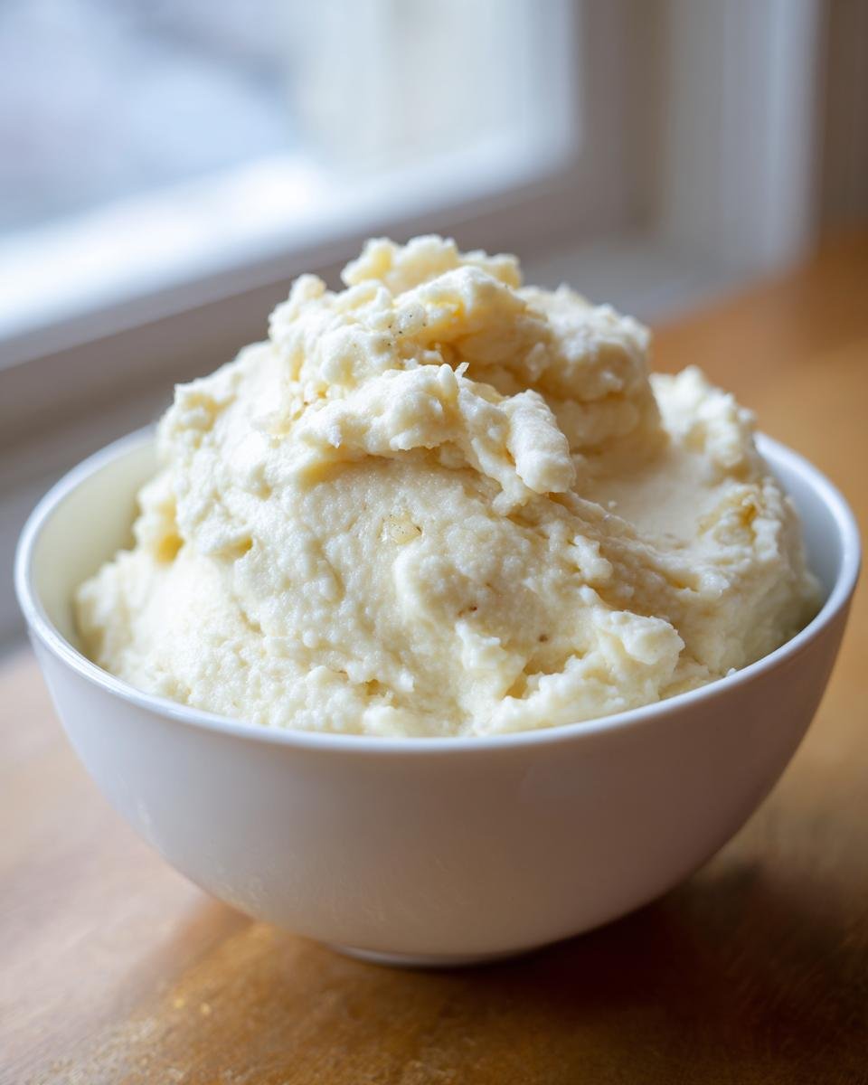 A white bowl filled with creamy, flavorful roasted garlic mashed cauliflower.