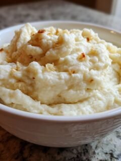 A white bowl filled with creamy, flavorful roasted garlic mashed cauliflower, topped with crispy garlic bits.