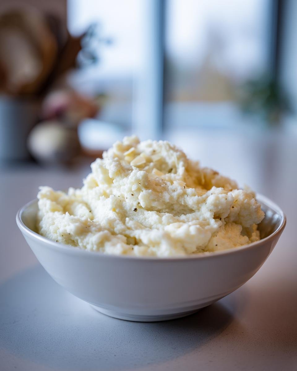 A white bowl filled with creamy, flavorful roasted garlic mashed cauliflower, topped with herbs.