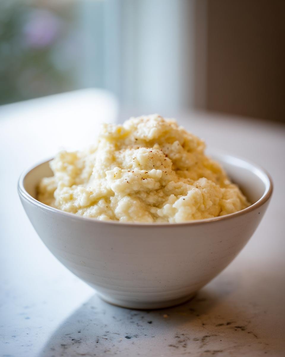 A bowl of creamy and flavorful roasted garlic mashed cauliflower, sprinkled with seasoning.