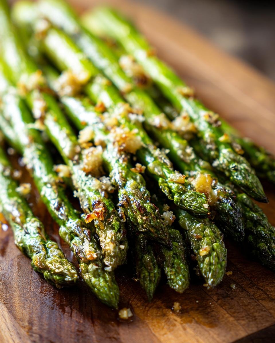 Close-up of Flavorful Roasted Garlic Parmesan Asparagus on a wooden board, glistening and topped with crispy garlic and parmesan.