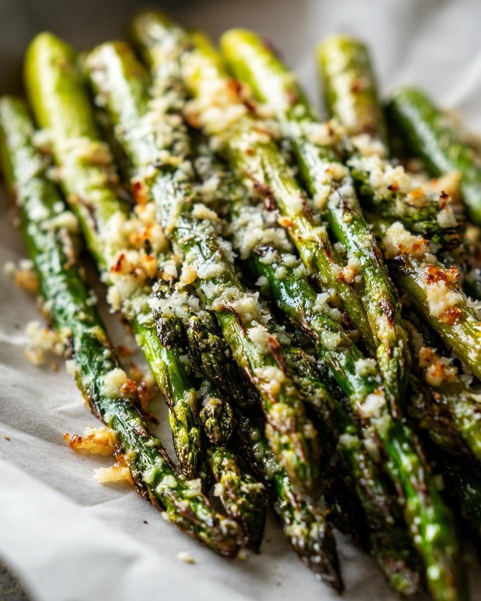 Close-up of Flavorful Roasted Garlic Parmesan Asparagus, glistening with cheese and herbs.