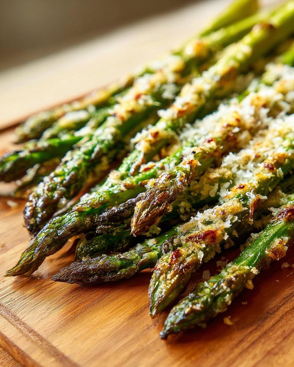 Close-up of Flavorful Roasted Garlic Parmesan Asparagus spears with a crispy topping on a wooden board.