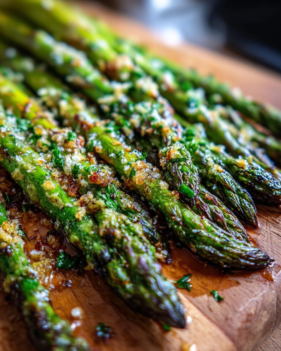 Close-up of Flavorful Roasted Garlic Parmesan Asparagus spears on a wooden board, glistening with oil and herbs.