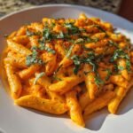 A close-up of Flavorful Roasted Red Pepper Pasta Creamy Delight, coated in a vibrant orange sauce and garnished with fresh basil and chili flakes.