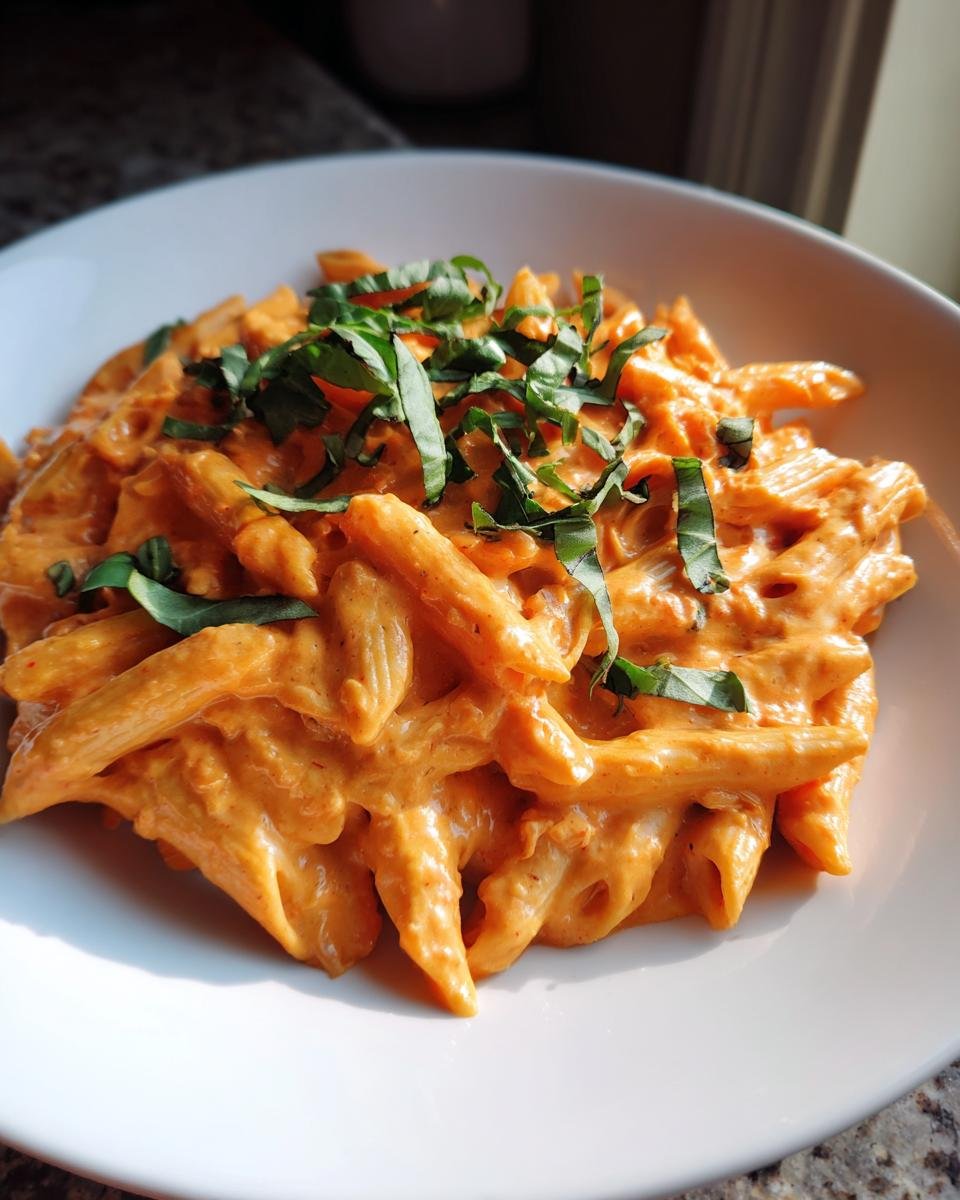 A close-up of a white bowl filled with Flavorful Roasted Red Pepper Pasta, topped with fresh basil.