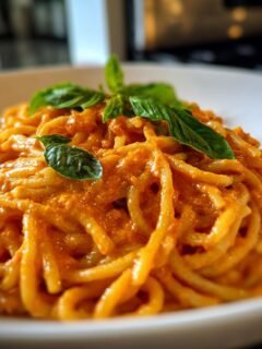A close-up of a white bowl filled with Flavorful Roasted Red Pepper Pasta Creamy Delight, garnished with fresh basil leaves.
