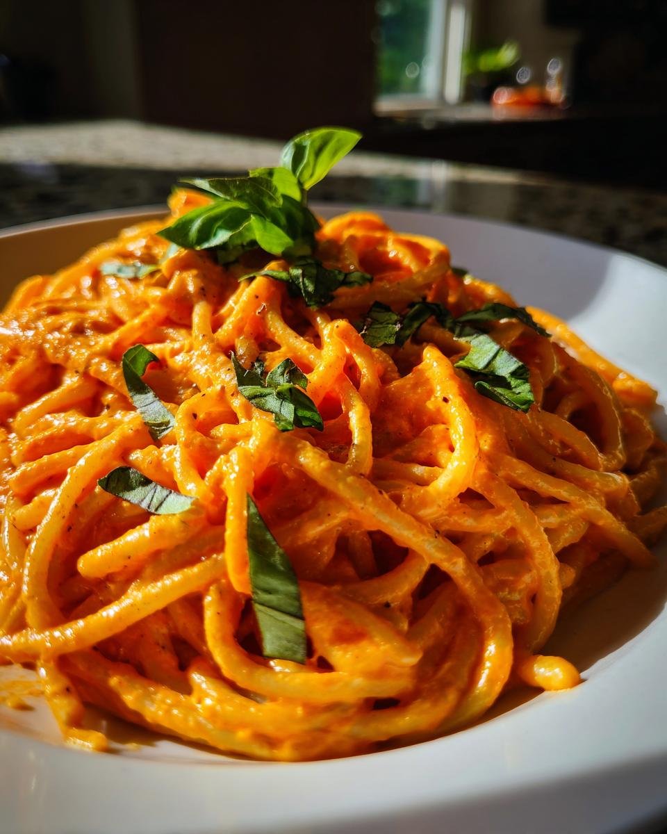 A close-up of a white bowl filled with Flavorful Roasted Red Pepper Pasta Creamy Delight, garnished with fresh basil leaves.