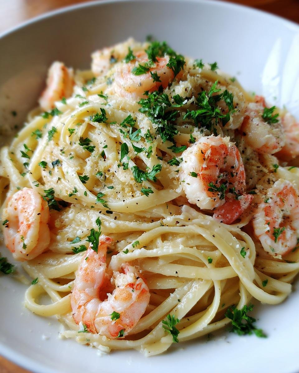 Close-up of Flavorful Shrimp Alfredo Linguine, showcasing creamy sauce, tender shrimp, and fresh parsley.