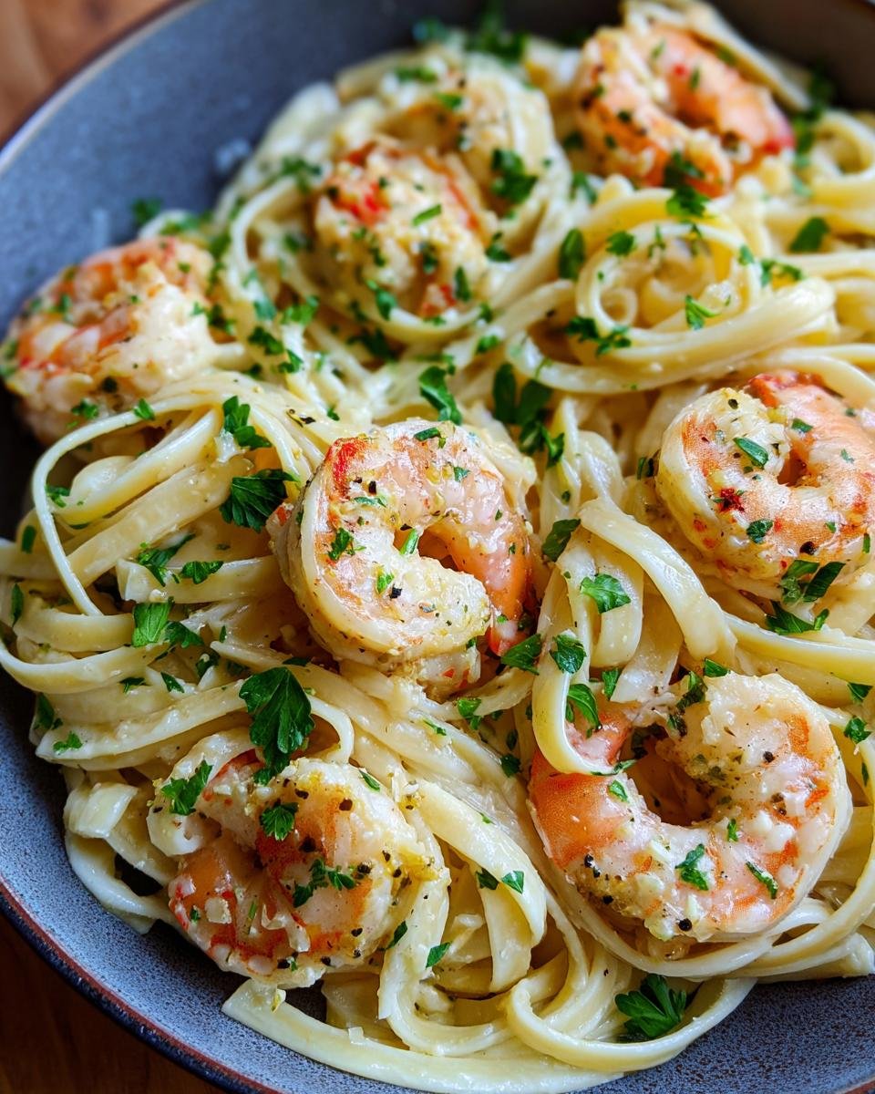 Close-up of Flavorful Shrimp Alfredo Linguine with creamy sauce and fresh parsley.