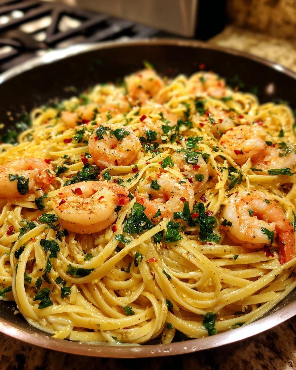 Close-up of Flavorful Shrimp Pasta With Lemon Butter Sauce, garnished with parsley and red pepper flakes.