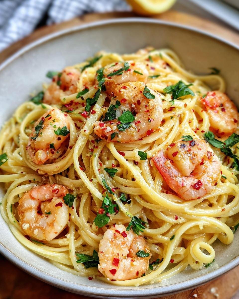 A close-up of Flavorful Shrimp Pasta With Lemon Butter Sauce, garnished with parsley and red pepper flakes.