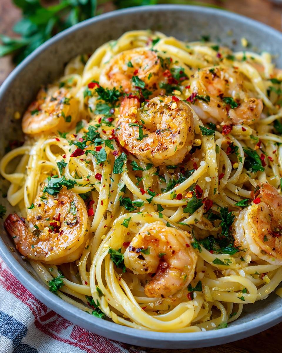 Close-up of Flavorful Shrimp Pasta With Lemon Butter Sauce, featuring perfectly cooked shrimp and linguine, garnished with parsley and red pepper flakes.