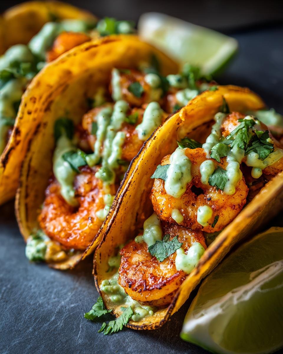 Close-up of three Flavorful Shrimp Tacos With Avocado Crema, garnished with cilantro and lime wedges.