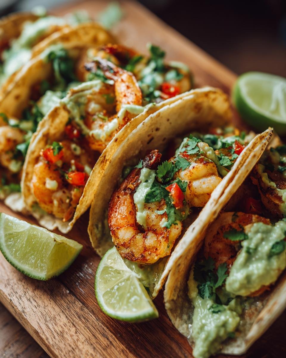 Close-up of Flavorful Shrimp Tacos With Avocado Crema, garnished with cilantro and lime wedges.