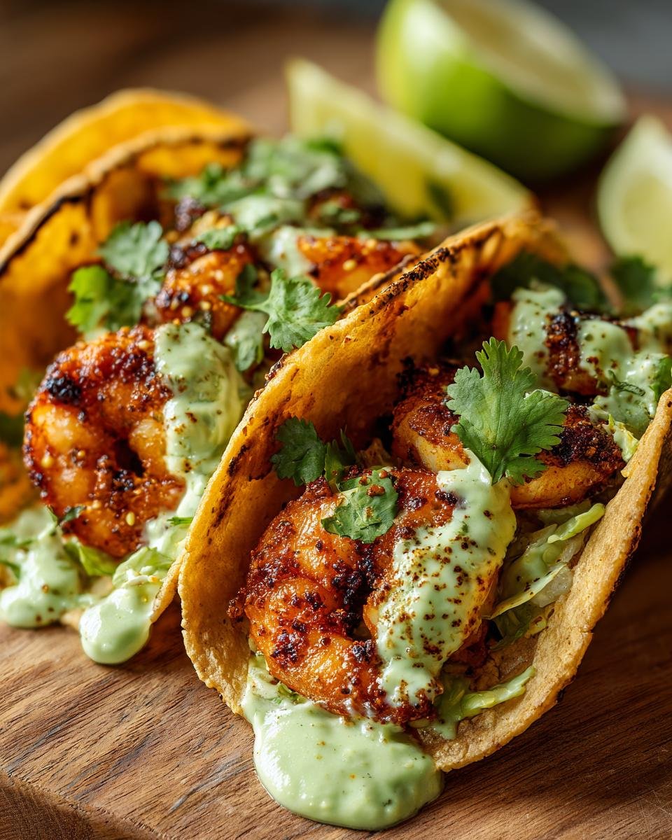Close-up of two Flavorful Shrimp Tacos With Avocado Crema, topped with cilantro and lime wedges.