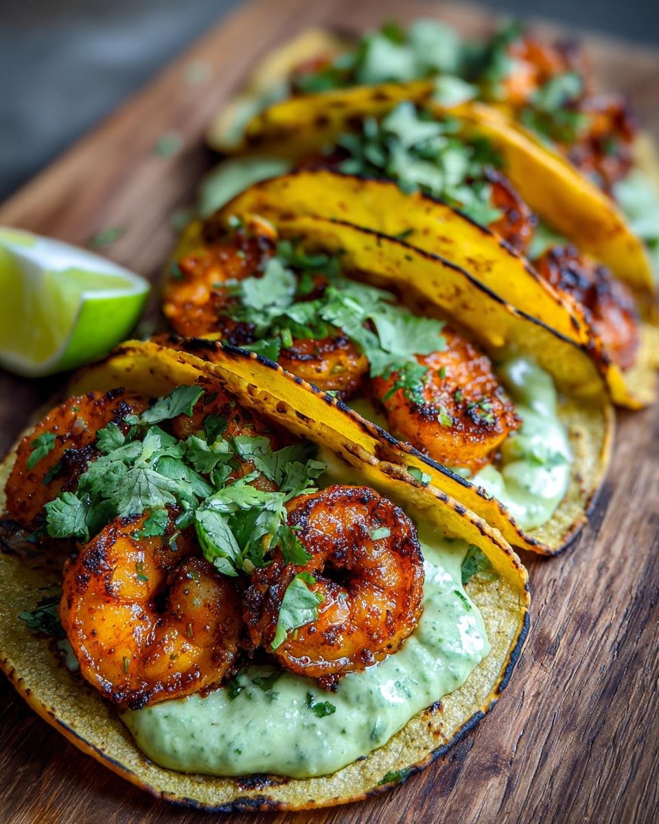 Close-up of Flavorful Shrimp Tacos With Avocado Crema, featuring seasoned shrimp, creamy avocado sauce, and fresh cilantro on corn tortillas.