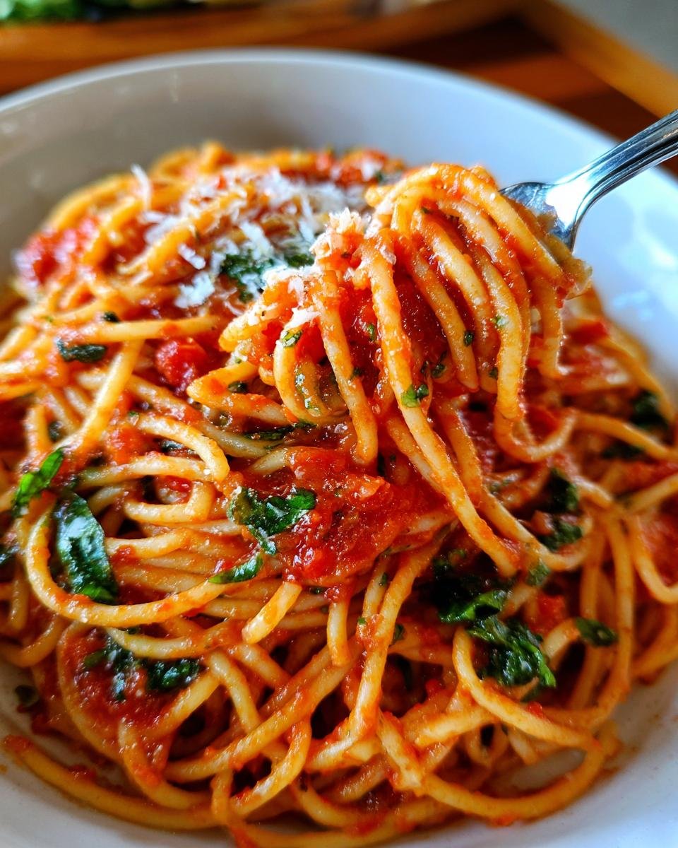 A fork twirls a portion of Flavorful Tomato Basil Pasta Fresh And Easy Recipe, topped with grated Parmesan cheese.