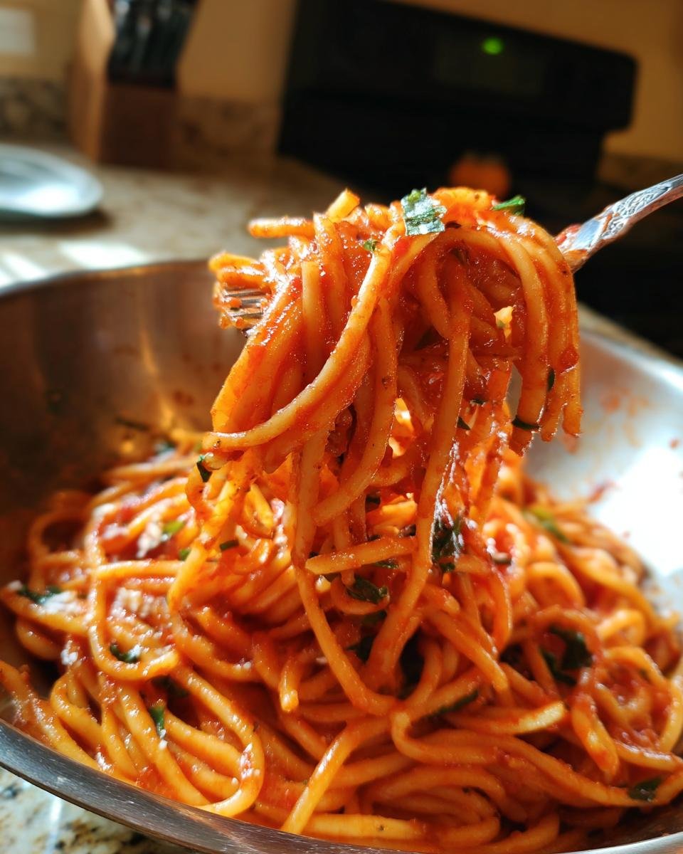 Close-up of a fork twirling Flavorful Tomato Basil Pasta, coated in a rich red sauce with fresh basil.