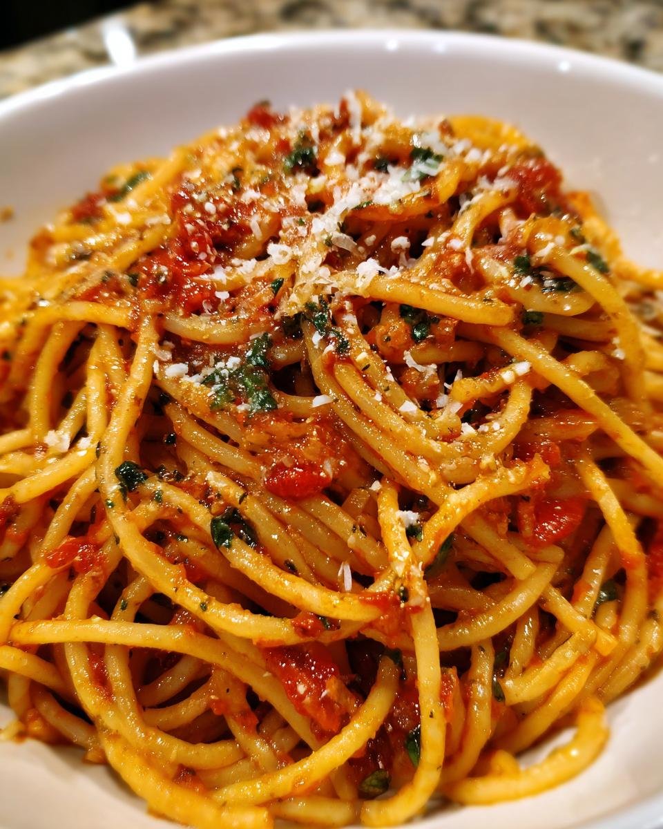 Close-up of a bowl of Flavorful Tomato Basil Pasta, topped with grated cheese and fresh herbs.