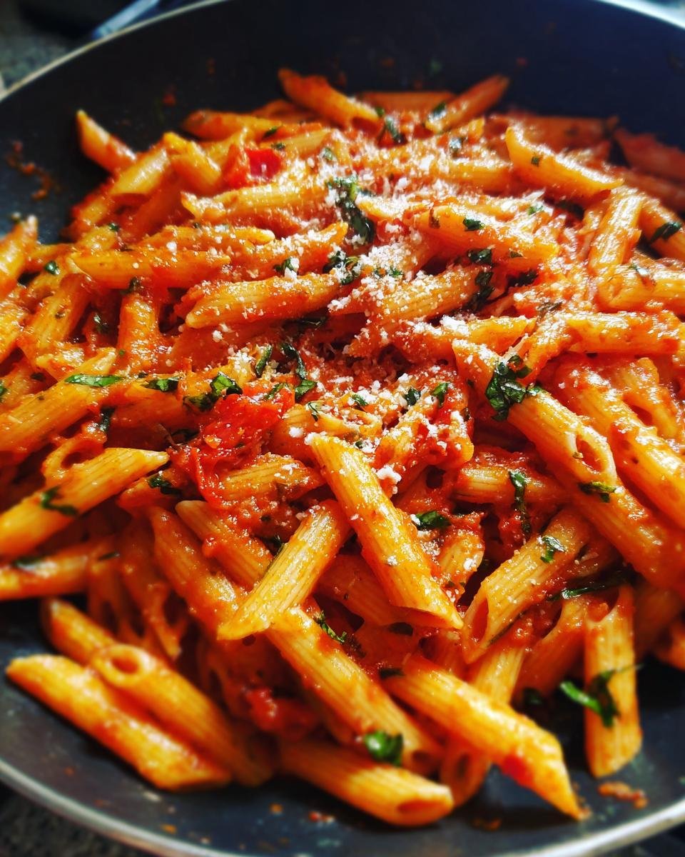 Close-up of a pan filled with Flavorful Tomato Basil Pasta, garnished with grated cheese and fresh herbs.