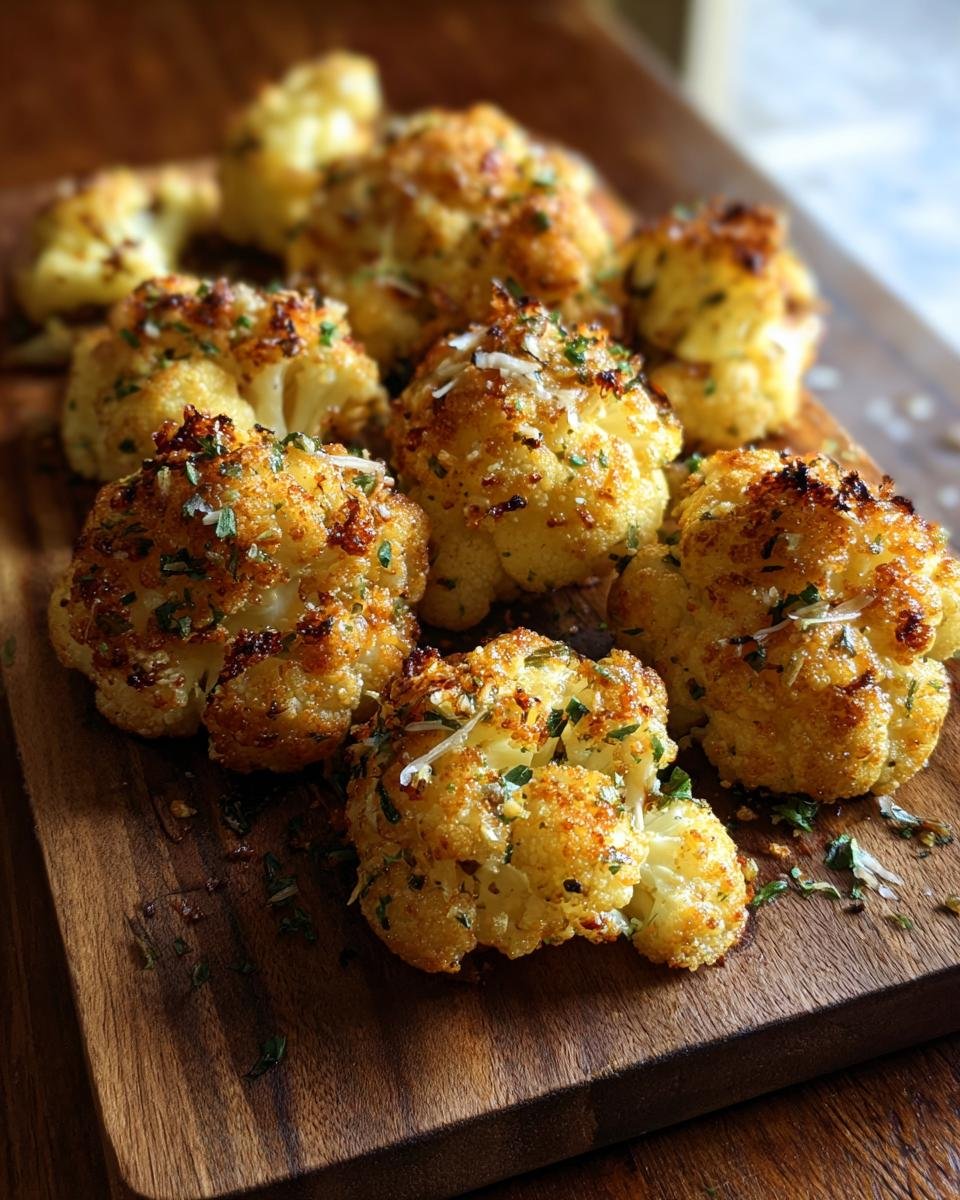 Close-up of Irresistible Garlic Parmesan Roasted Cauliflower florets on a wooden board, sprinkled with herbs and cheese.