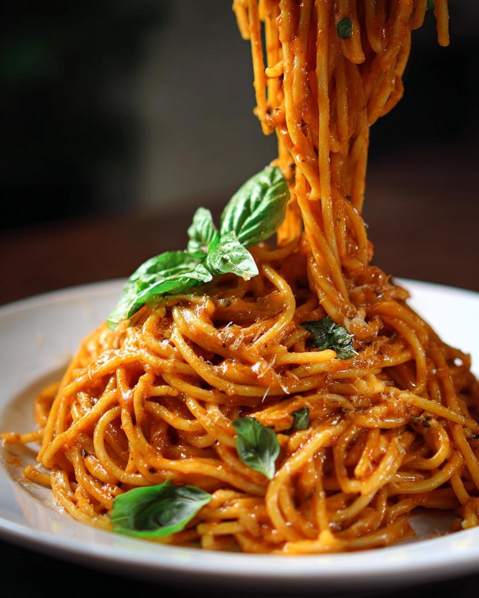 A close-up of a plate piled high with Gigi Hadid Pasta Creamy Dreamy Delight, garnished with fresh basil leaves.
