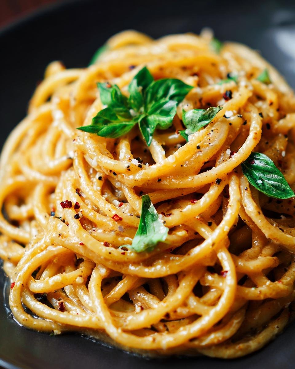 Close-up of a plate of Gigi Hadid Pasta, a creamy and dreamy delight, garnished with fresh basil.